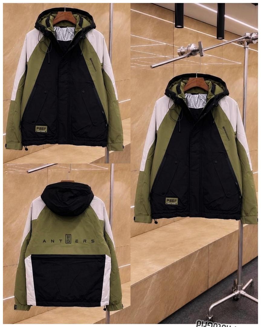 Black colorblock hooded jacket in black olive and white with interior lining views from multiple angles.