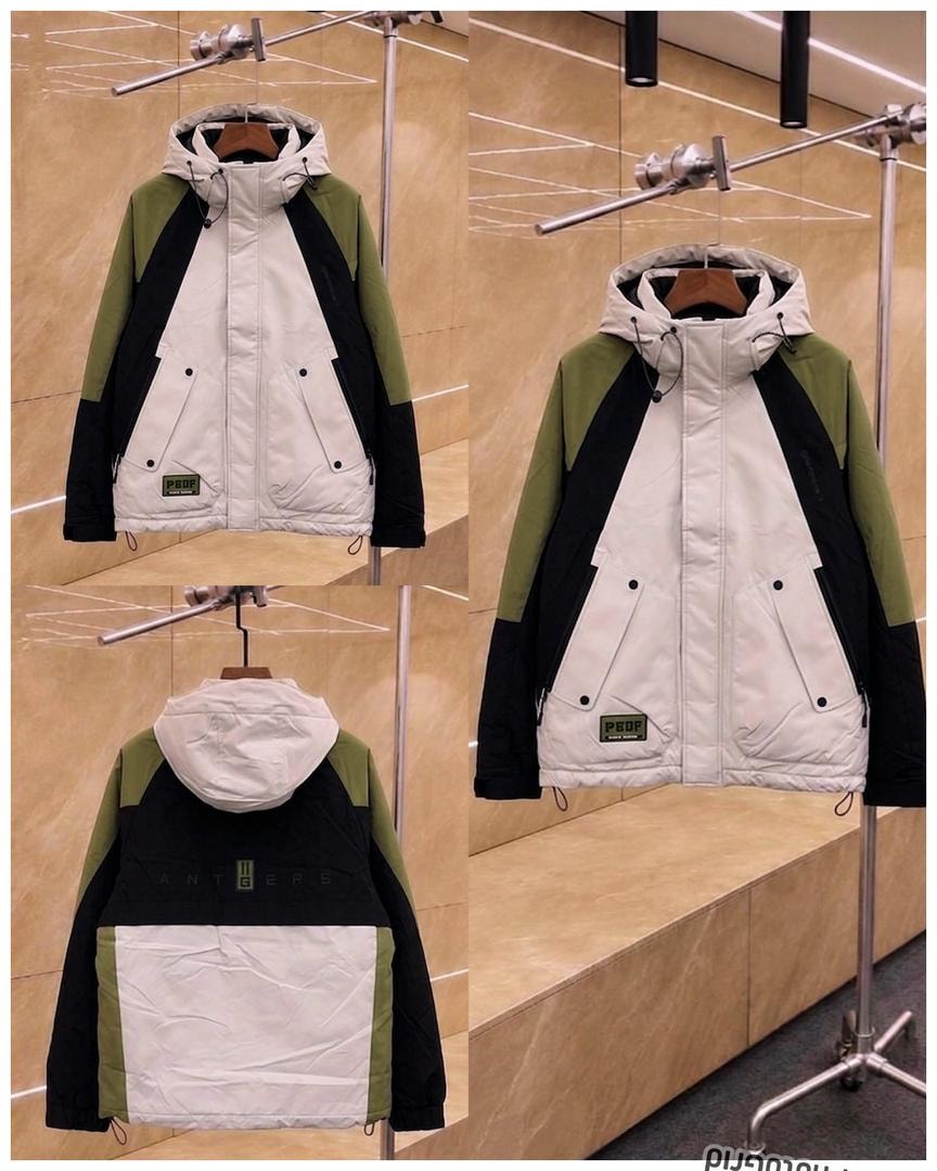 White colorblock hooded jacket in white black and olive shown from front back and side angles.