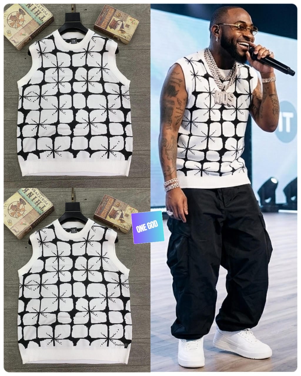 White geometric patterned sleeveless knit vest in flat lay and worn by model with black cargo pants.