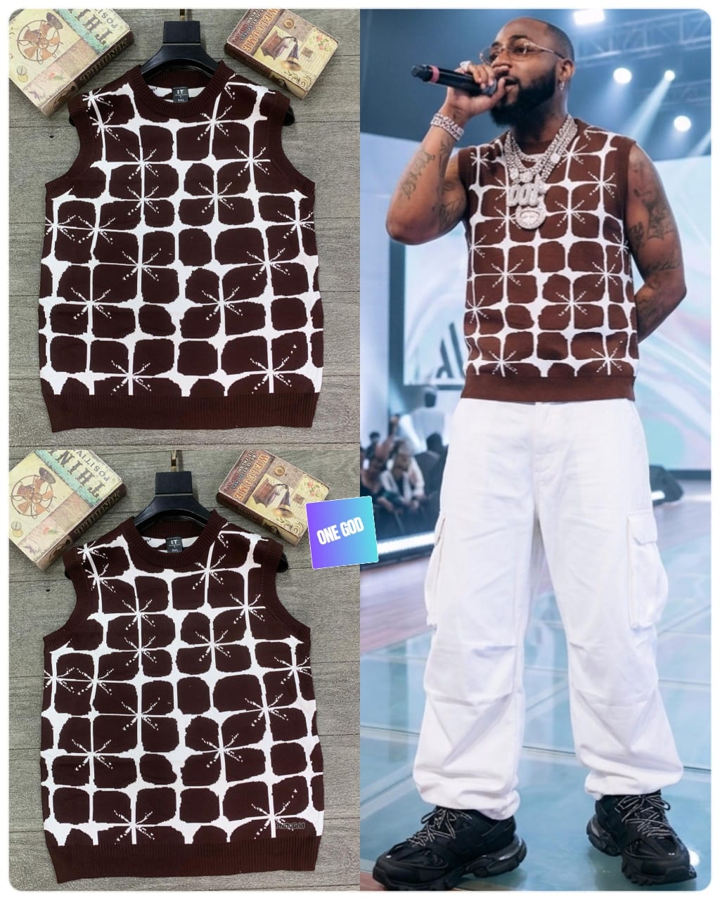 Brown geometric patterned sleeveless knit vest in flat lay and worn by model with white cargo pants.