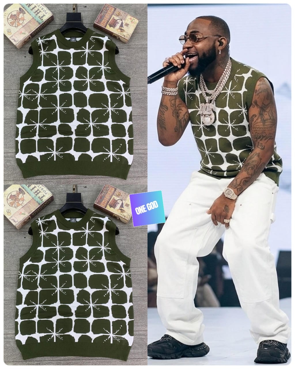 Olive geometric patterned sleeveless knit vest in flat lay and worn by model with white cargo pants.