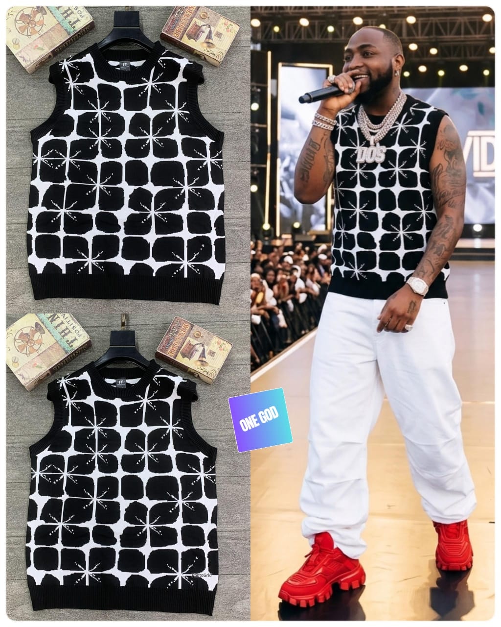 Black geometric patterned sleeveless knit vest in flat lay and worn by model with white cargo pants.