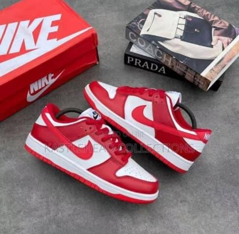 Nike Dunk Low sneakers in red and white on gray surface with red Nike box and books.