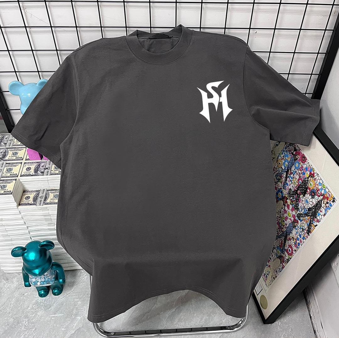 Gray t-shirt with white stylized monogram logo on left chest.