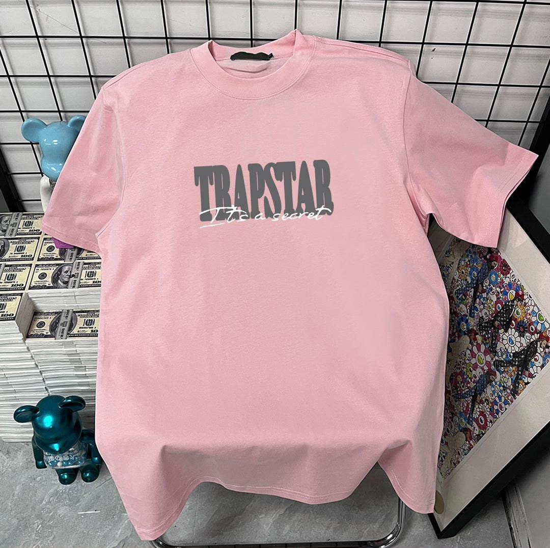 Pink t-shirt with gray TRAPSTAR It's a secret print on chest.