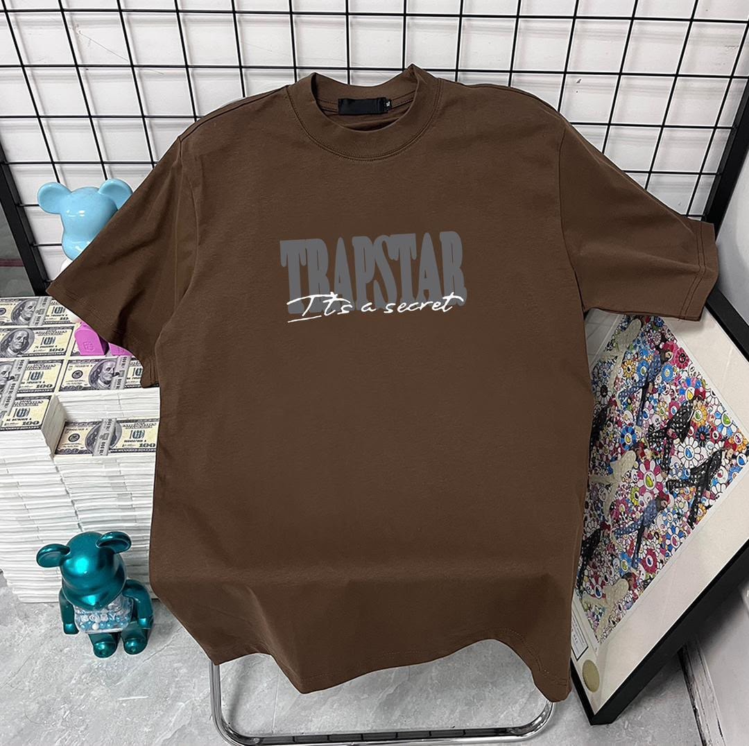 Brown t-shirt with gray TRAPSTAR It's a secret print on chest.