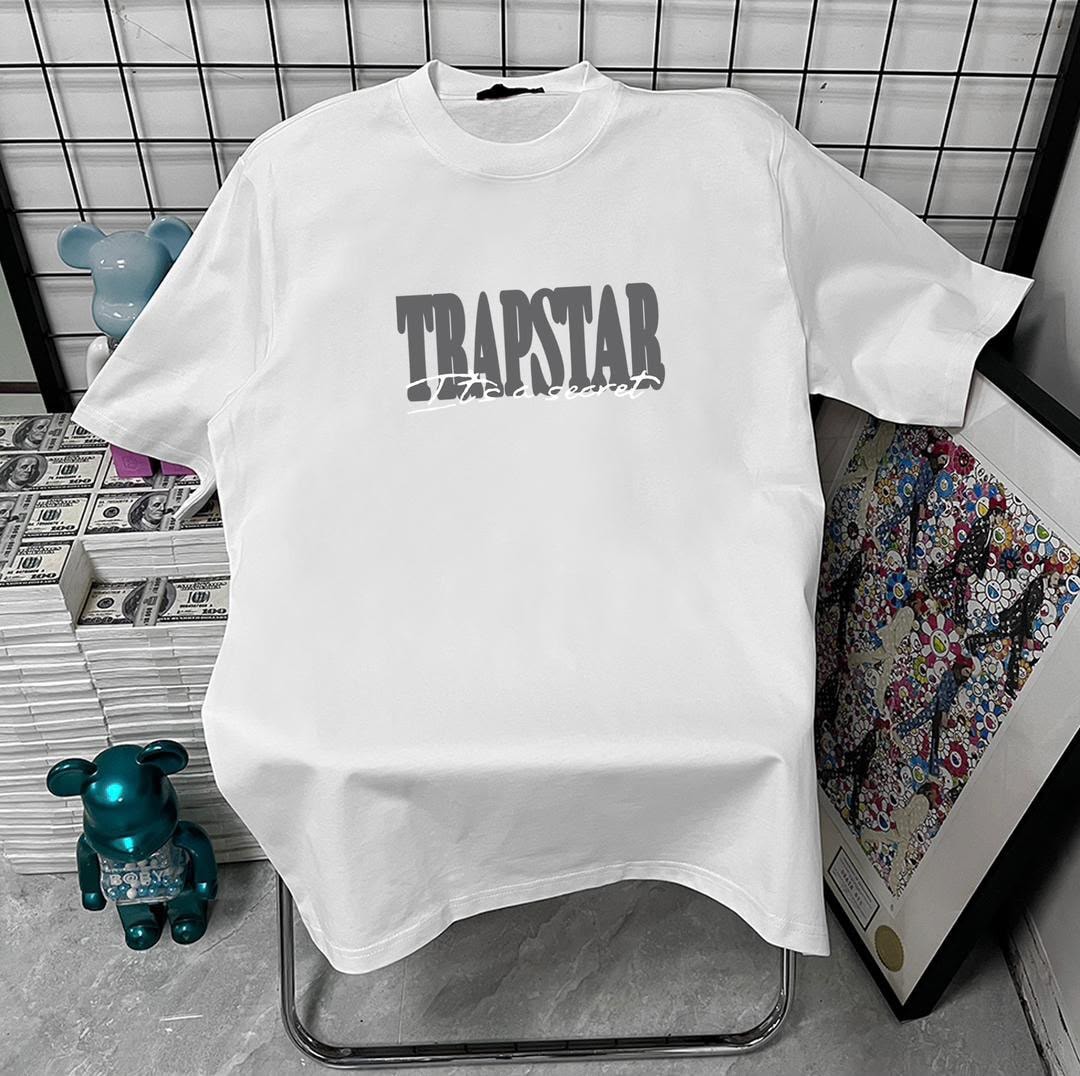 White t-shirt with gray TRAPSTAR It's a secret print on chest.