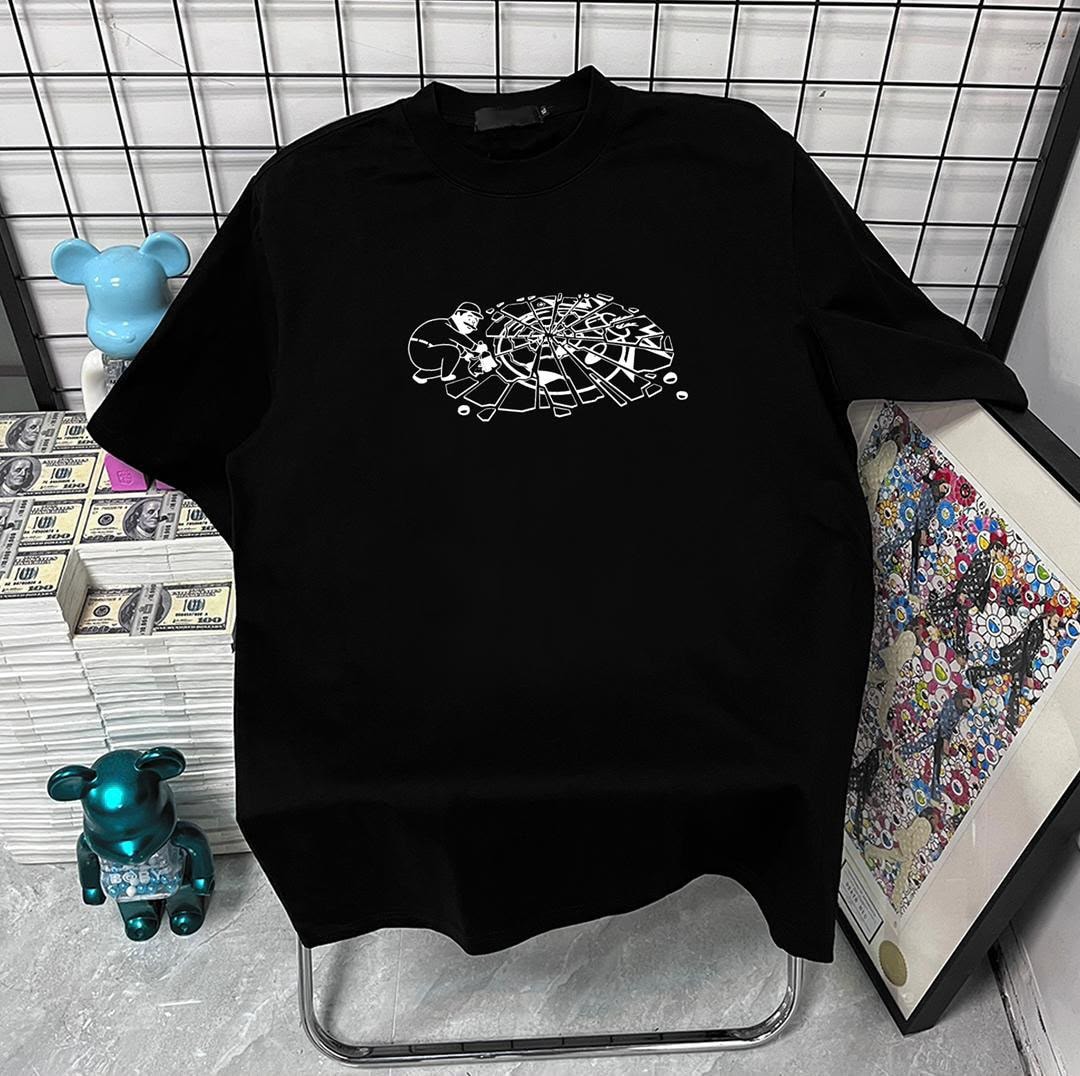 Black t-shirt with white shattered wheel graphic on chest.