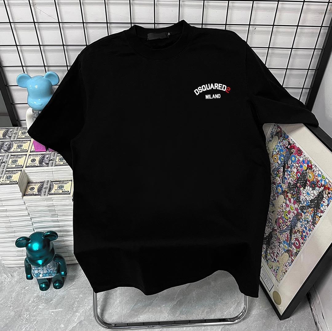 Black t-shirt with DSQUARED2 MILANO print on right chest.