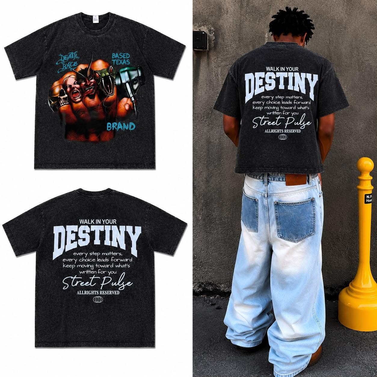 Acid wash black t-shirt with Death Race skull graphic on front, Walk In Your Destiny text on back, and model wearing it paired with jeans.