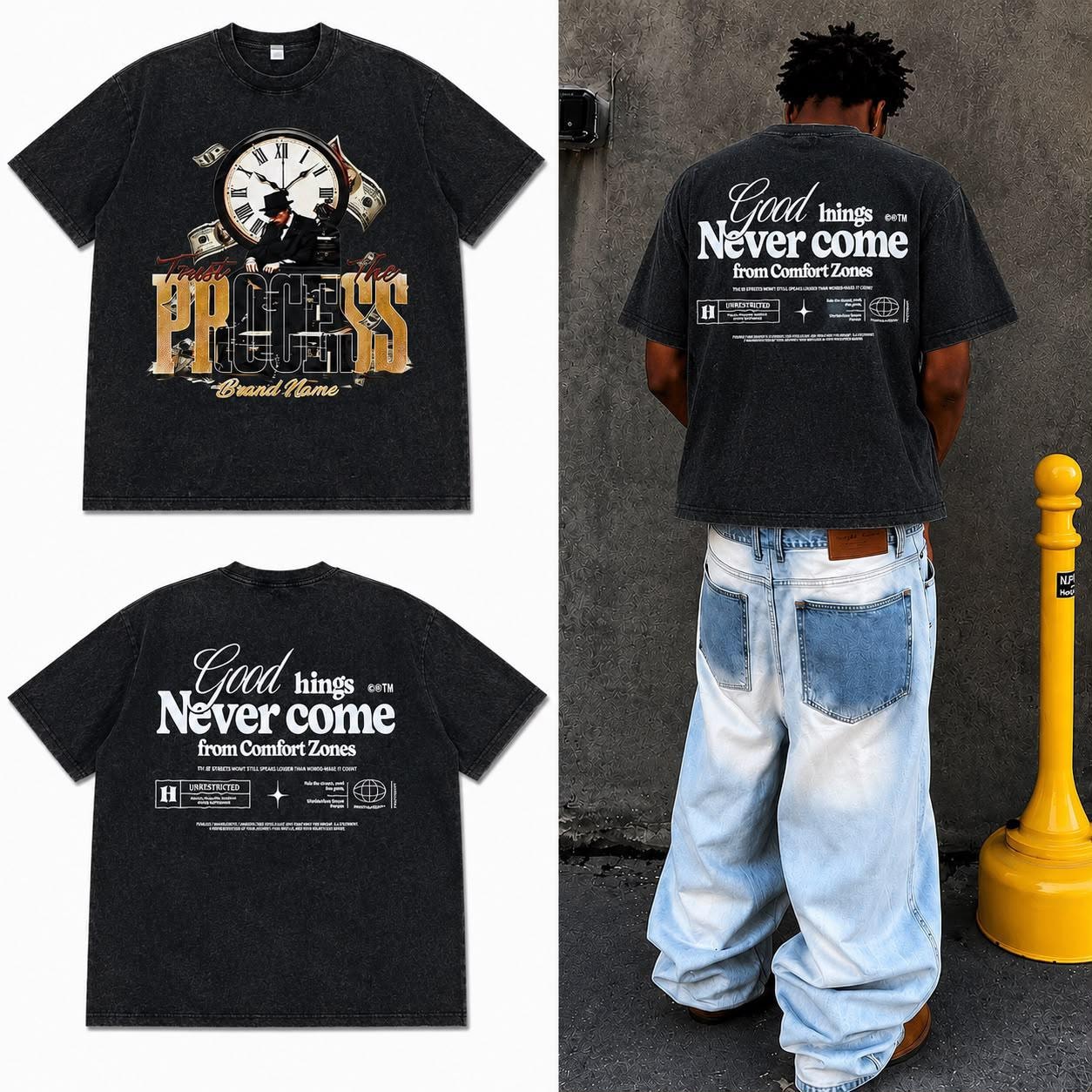 Dark acid wash t-shirt with Trust The Process and clock graphic on front, Good Things Never Come from Comfort Zones on back, modeled with jeans.