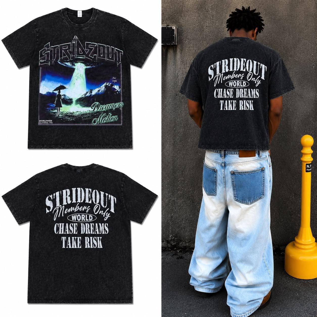 Dark acid wash t-shirt displaying Strideout UFO graphic on front, Members Only text on back, and worn by model with baggy jeans.