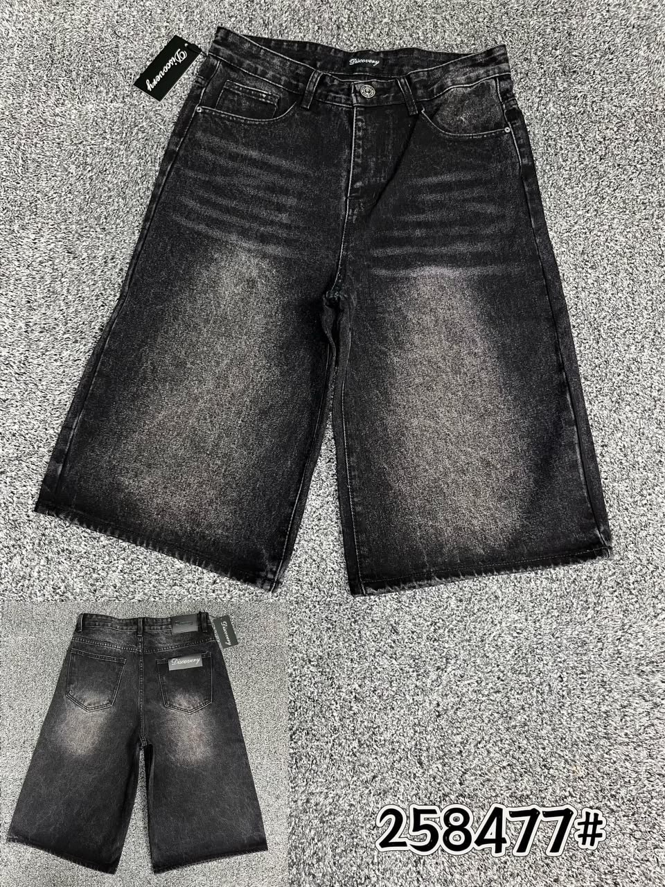 Discovery black washed denim jorts, front and back views.