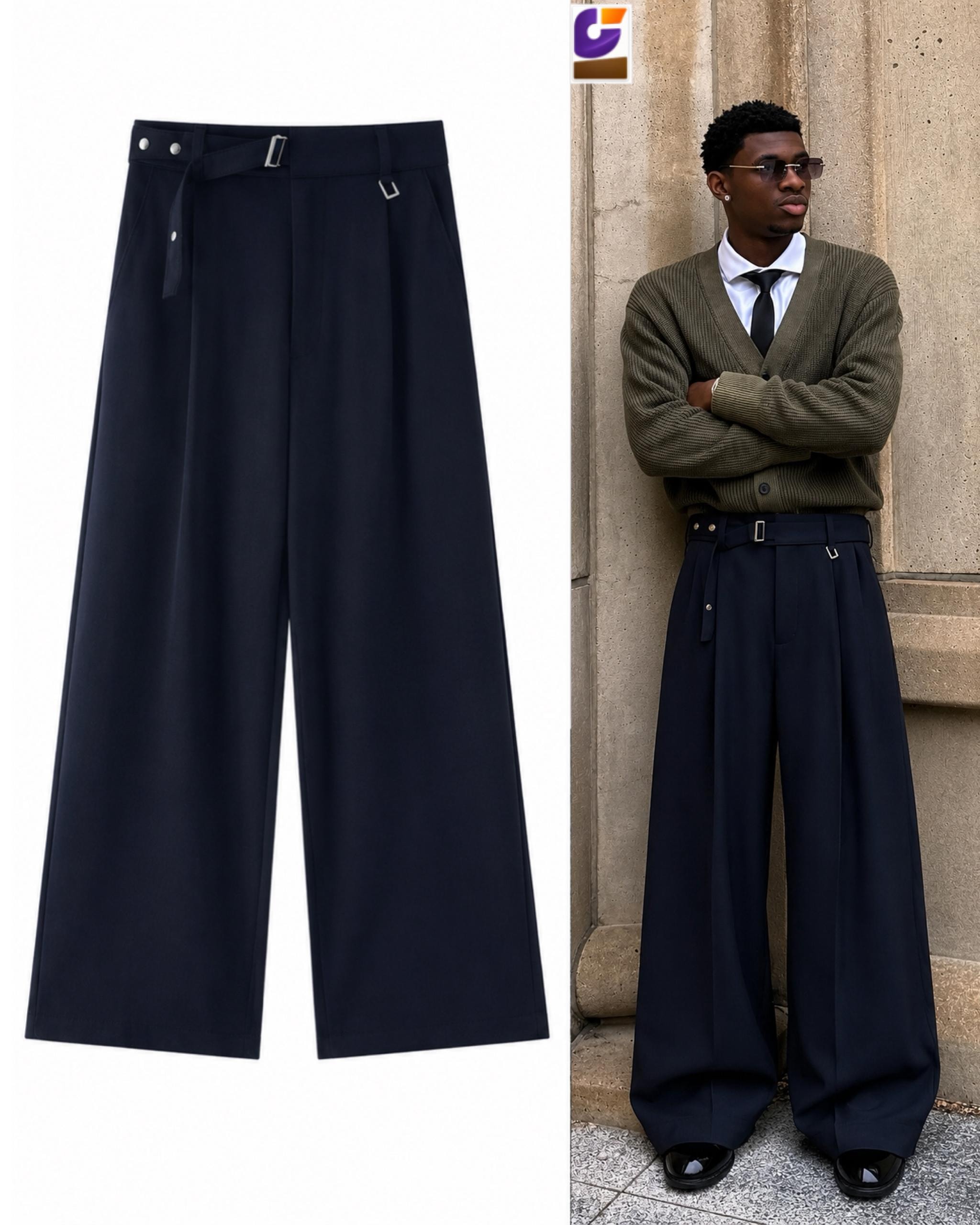 Navy unisex flare trousers shown in flat lay and on model.
