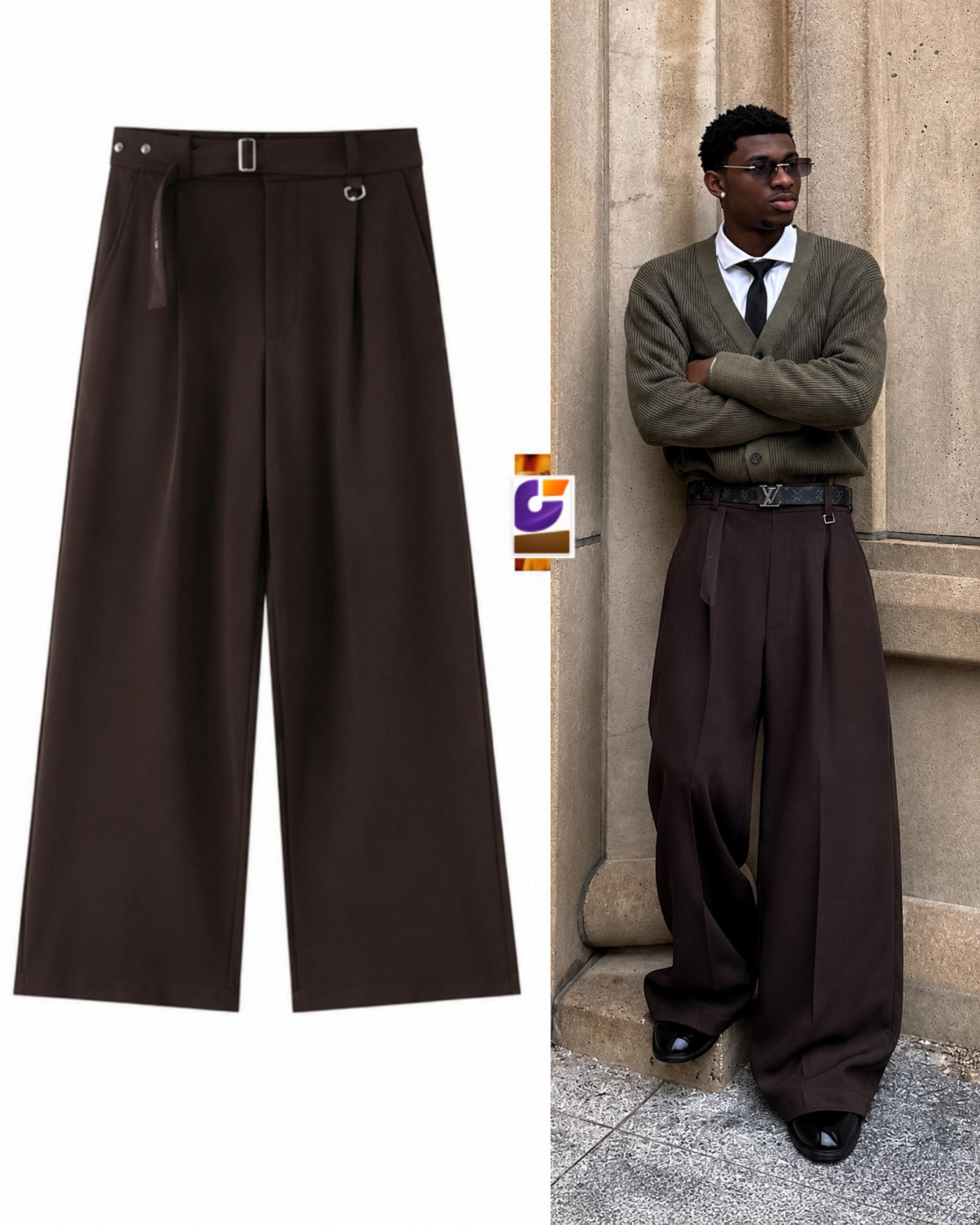 Brown unisex flare trousers shown in flat lay and on model.
