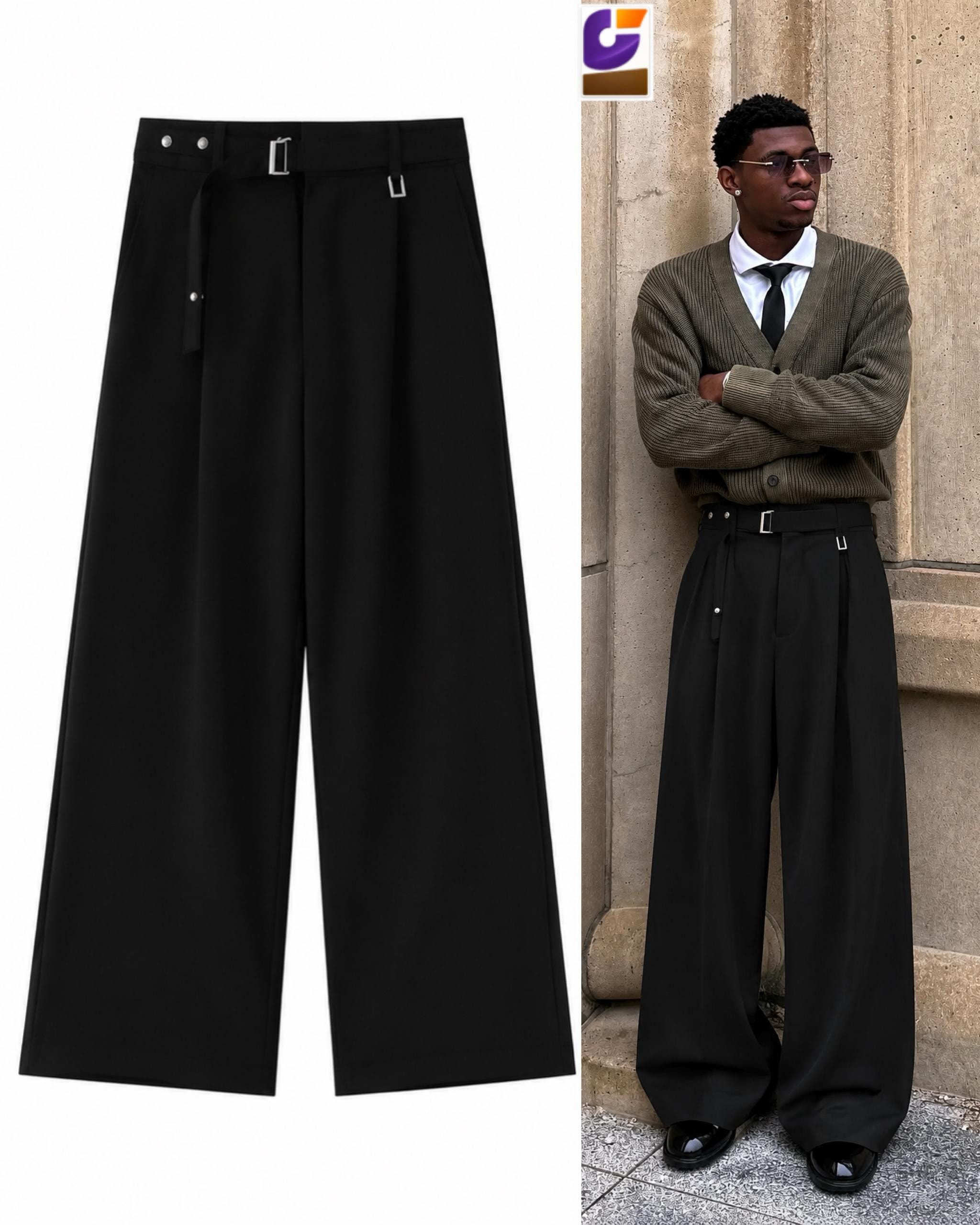 Black unisex flare trousers shown in flat lay and on model.