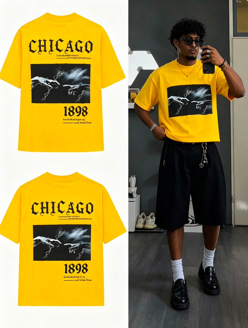 Yellow t-shirt with hands graphic on front and Chicago print on back, shown in flat lay and on model.