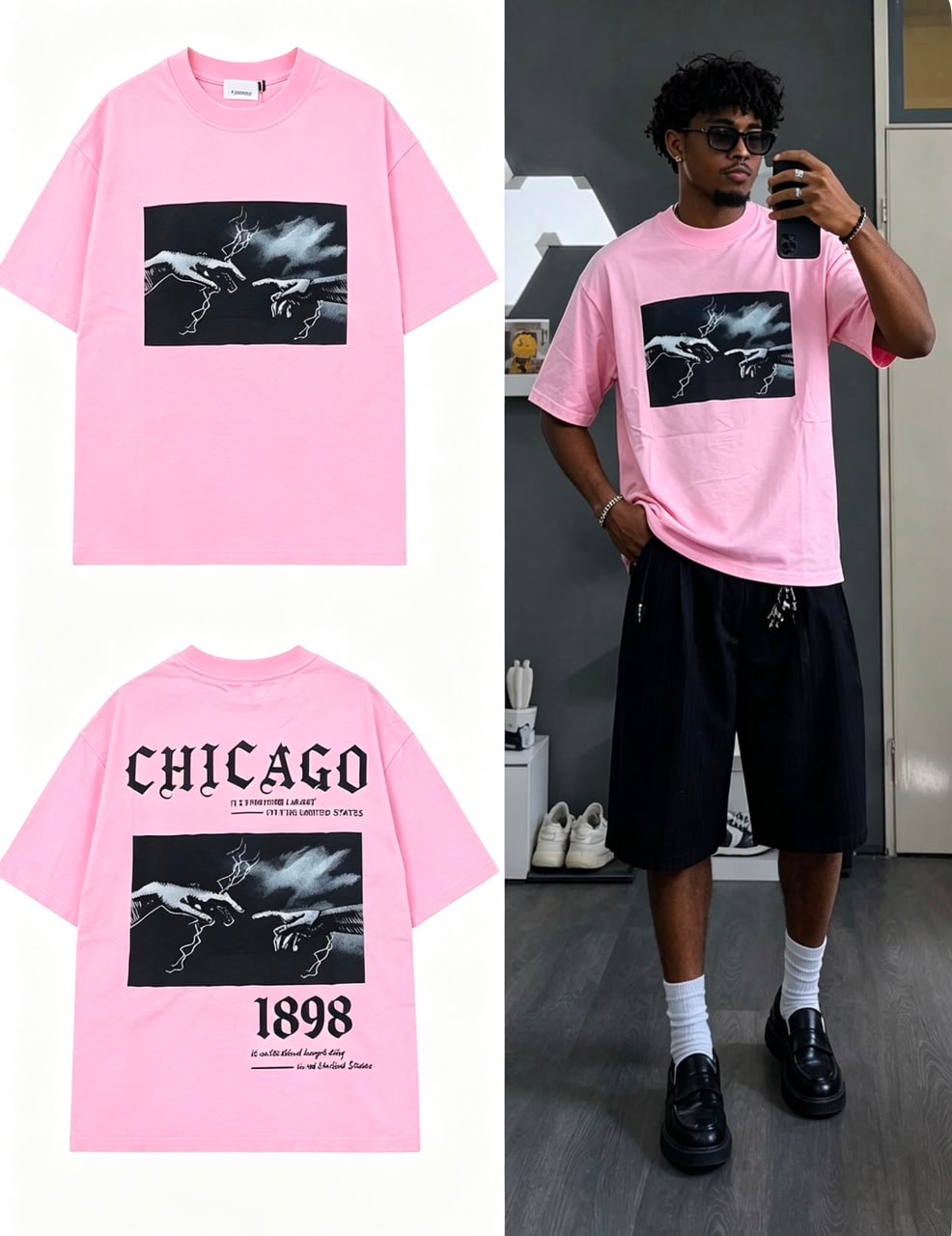 Pink t-shirt with hands graphic on front and Chicago print on back, shown in flat lay and on model.