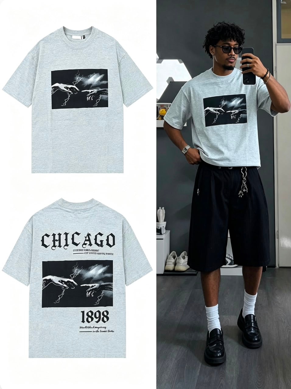 Gray t-shirt with hands graphic on front and Chicago print on back, shown in flat lay and on model.