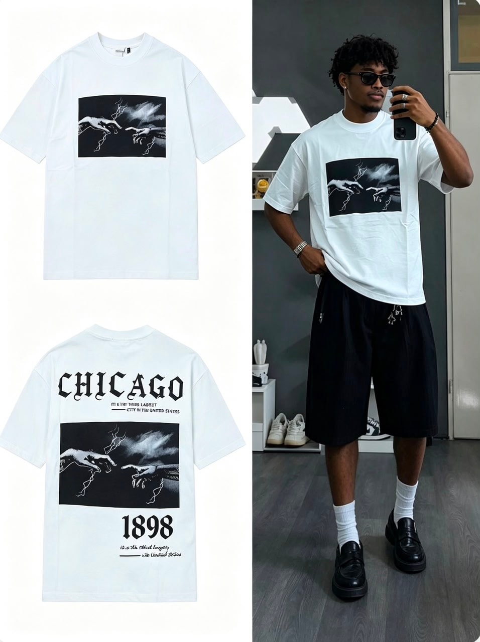 White t-shirt with hands graphic on front and Chicago print on back, shown in flat lay and on model.
