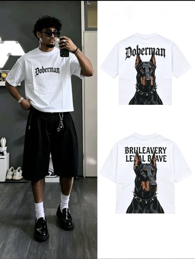 White Doberman graphic t-shirt shown on model and flat lay views of front and back.