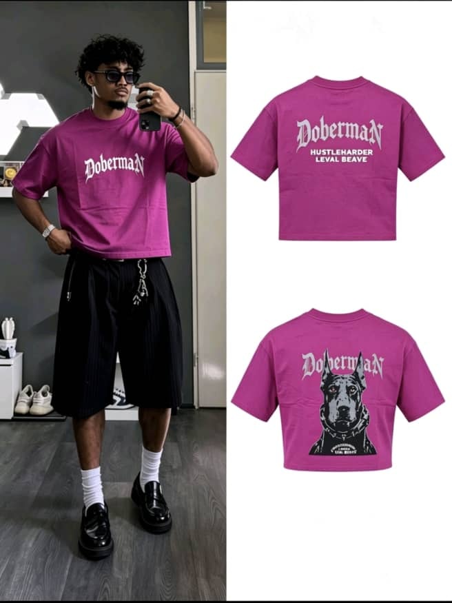 Purple Doberman graphic t-shirt shown on model and flat lay views of front and back.