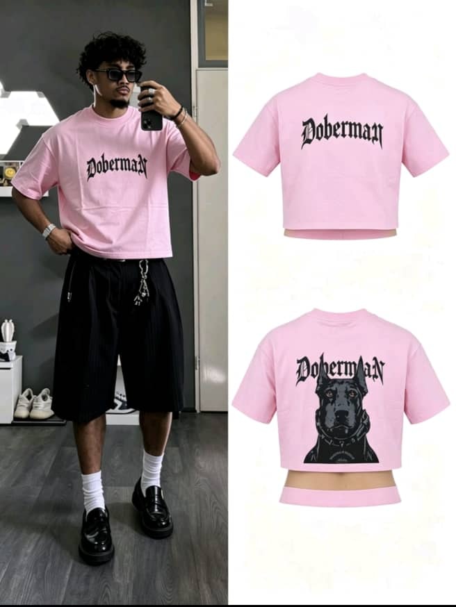 Pink Doberman graphic t-shirt shown on model and flat lay views of front and back.