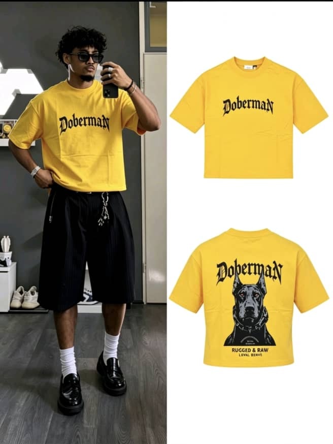 Yellow Doberman graphic t-shirt shown on model and flat lay views of front and back.