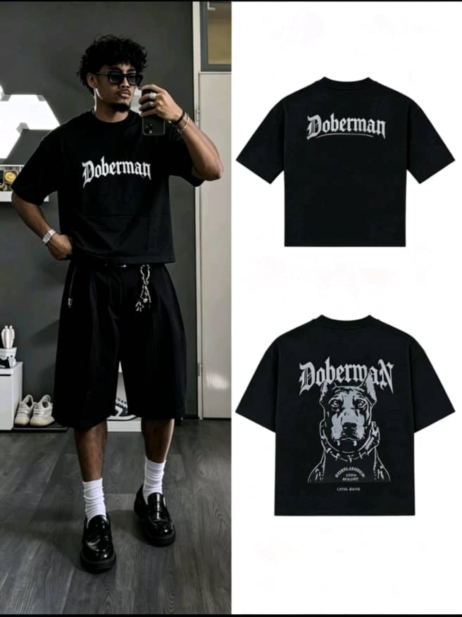 Black Doberman graphic t-shirt shown on model and flat lay views of front and back.