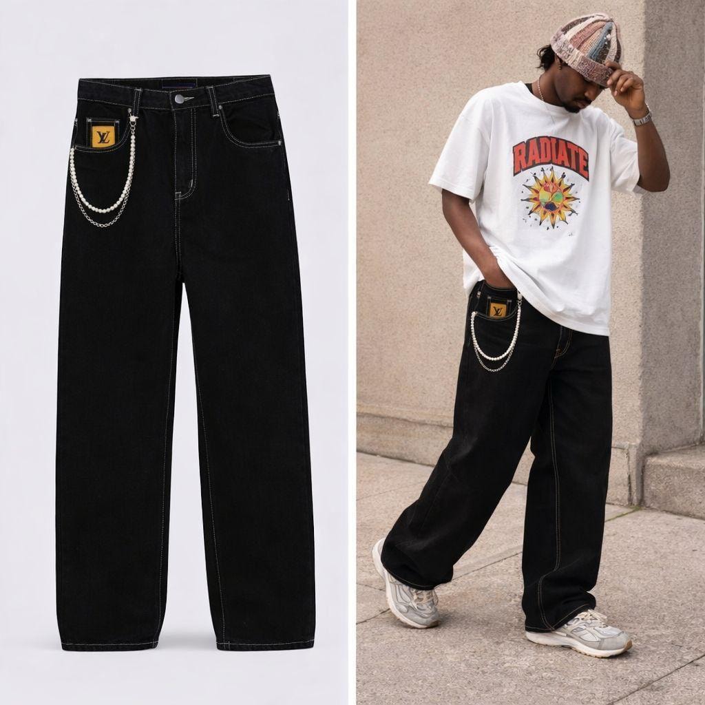 Black baggy jeans with pearl chain and LV patch, shown flat lay and on male model.