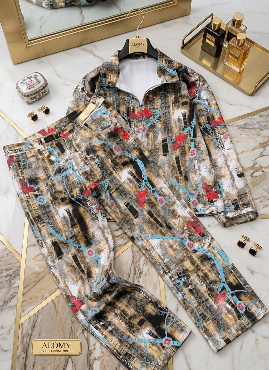 Multi-color city and chain print two-piece jacket and pants set on marble with perfume bottles.
