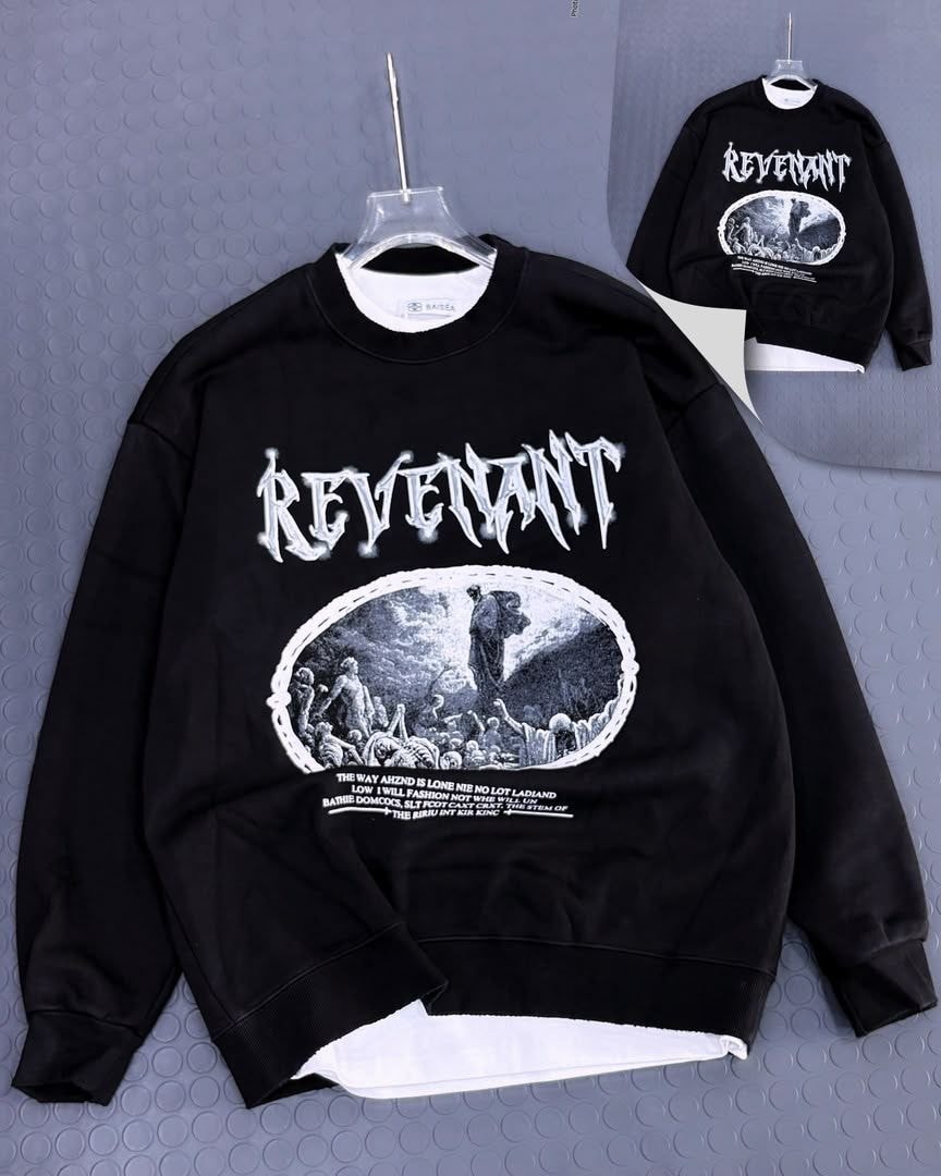Black Revenant sweatshirt with large white graphic and text print on front and back.
