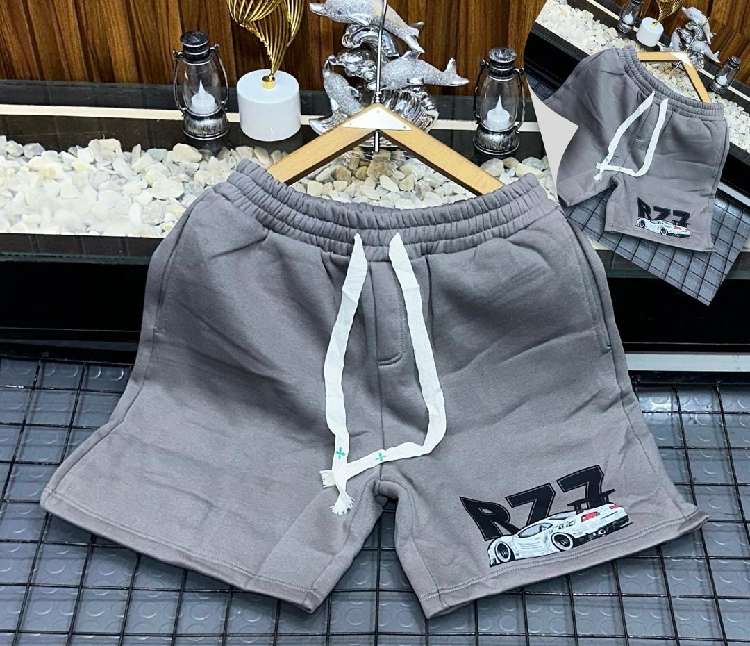Gray fleece shorts with R77 car graphic print.