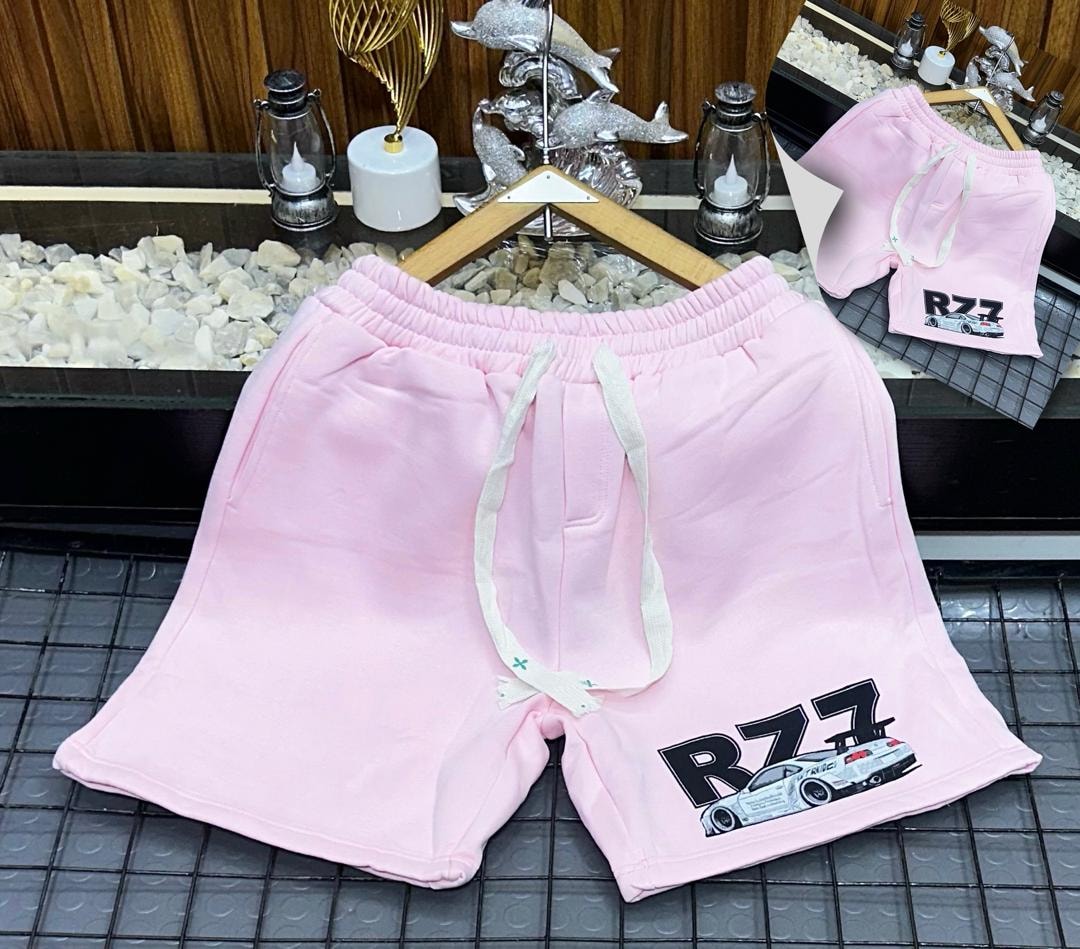 Pink fleece shorts with R77 car graphic print.