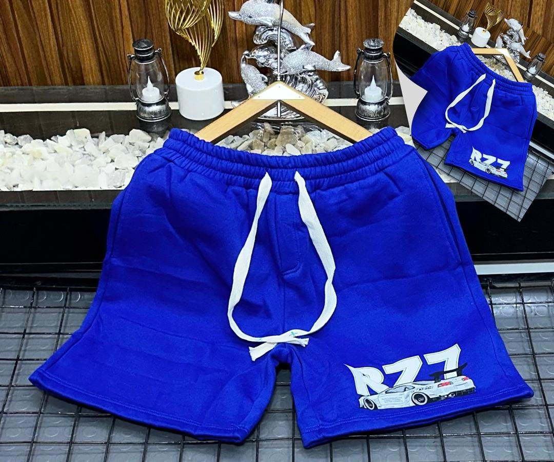 Blue fleece shorts with R77 car graphic print.