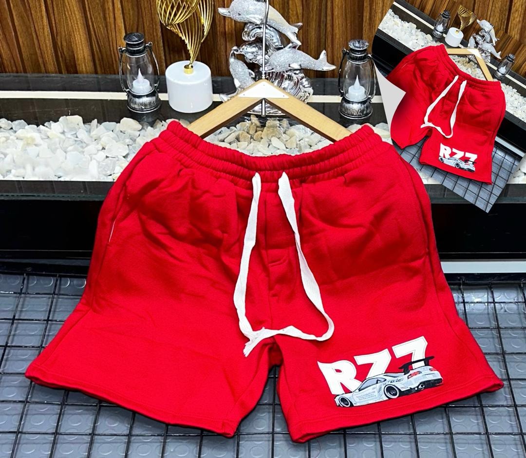 Red fleece shorts with R77 car graphic print.