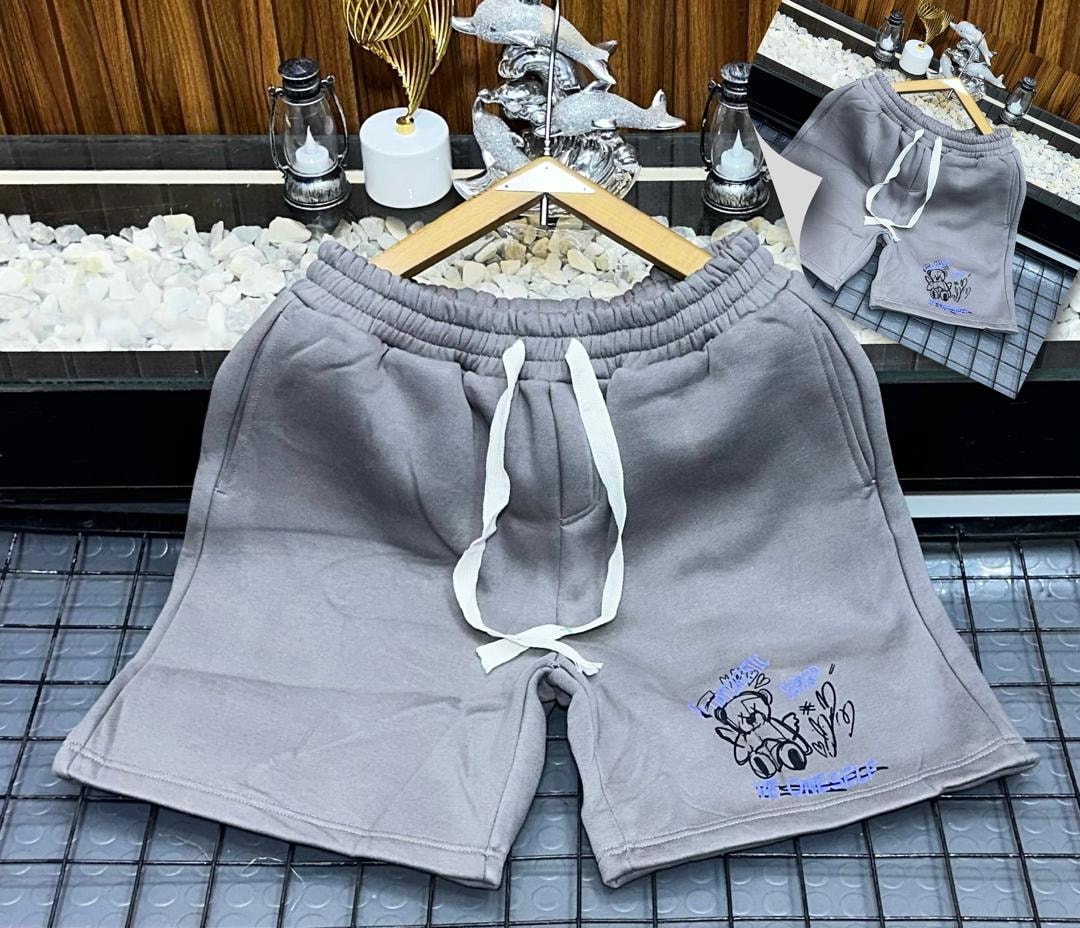 Gray fleece shorts with teddy bear graphic and STAY AUTHENTIC text.