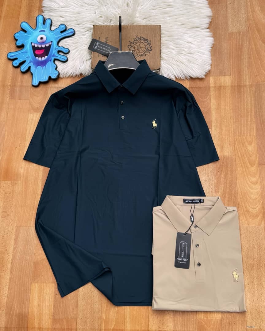 Navy and beige polo shirts with polo player embroidery.