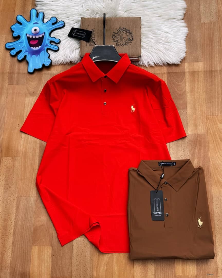 Red and brown polo shirts with polo player embroidery.