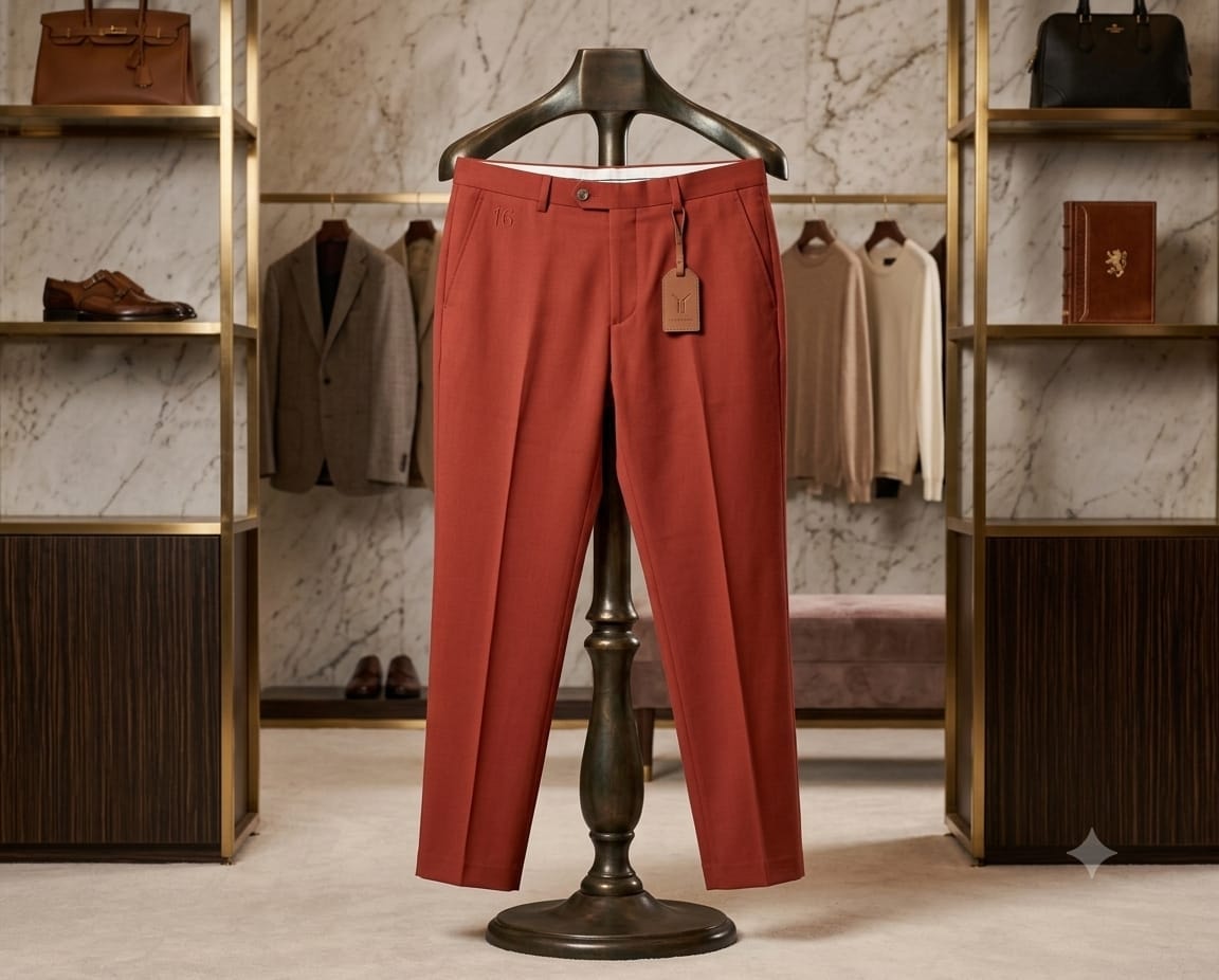 Red formal trousers on hanger in luxury showroom setting.