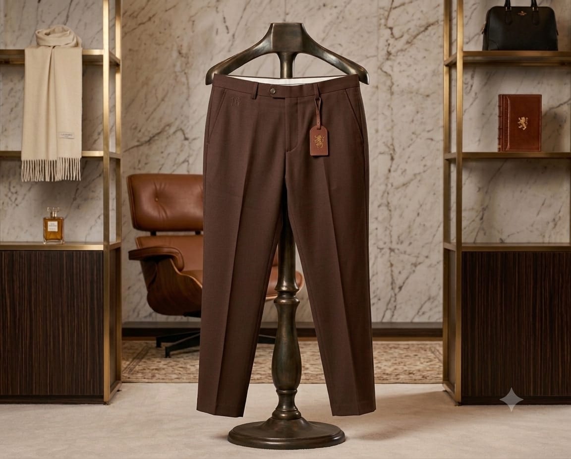 Brown pleated formal trousers hanging on display stand in elegant room.
