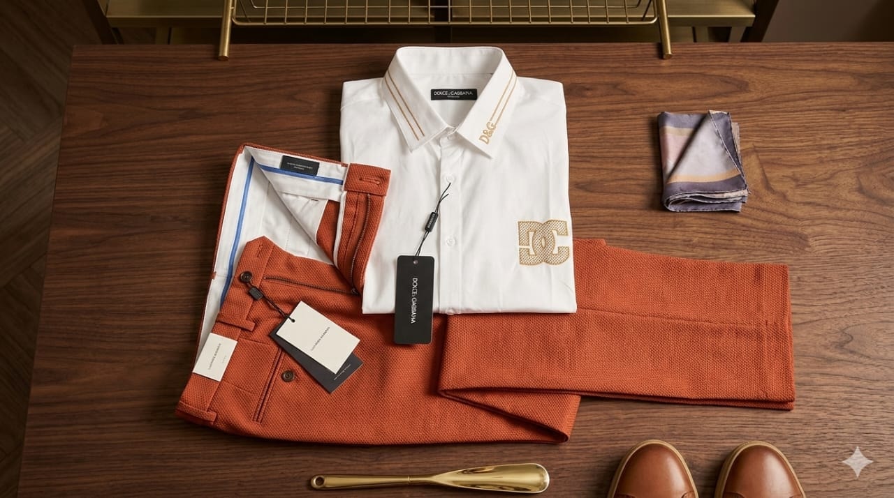 White polo shirt with gold details placed on orange trousers with styling props.