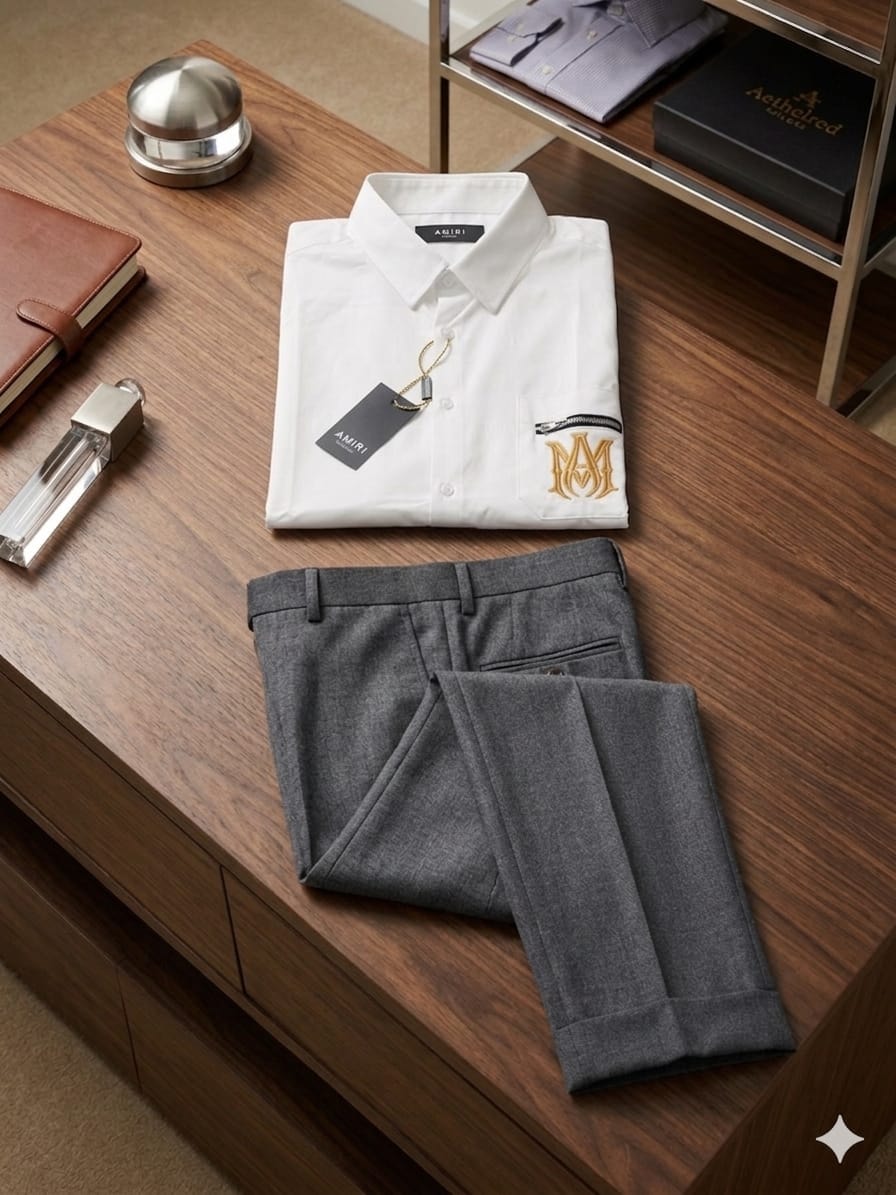 White short sleeve shirt with gold embroidery on gray trousers in lifestyle flat lay.