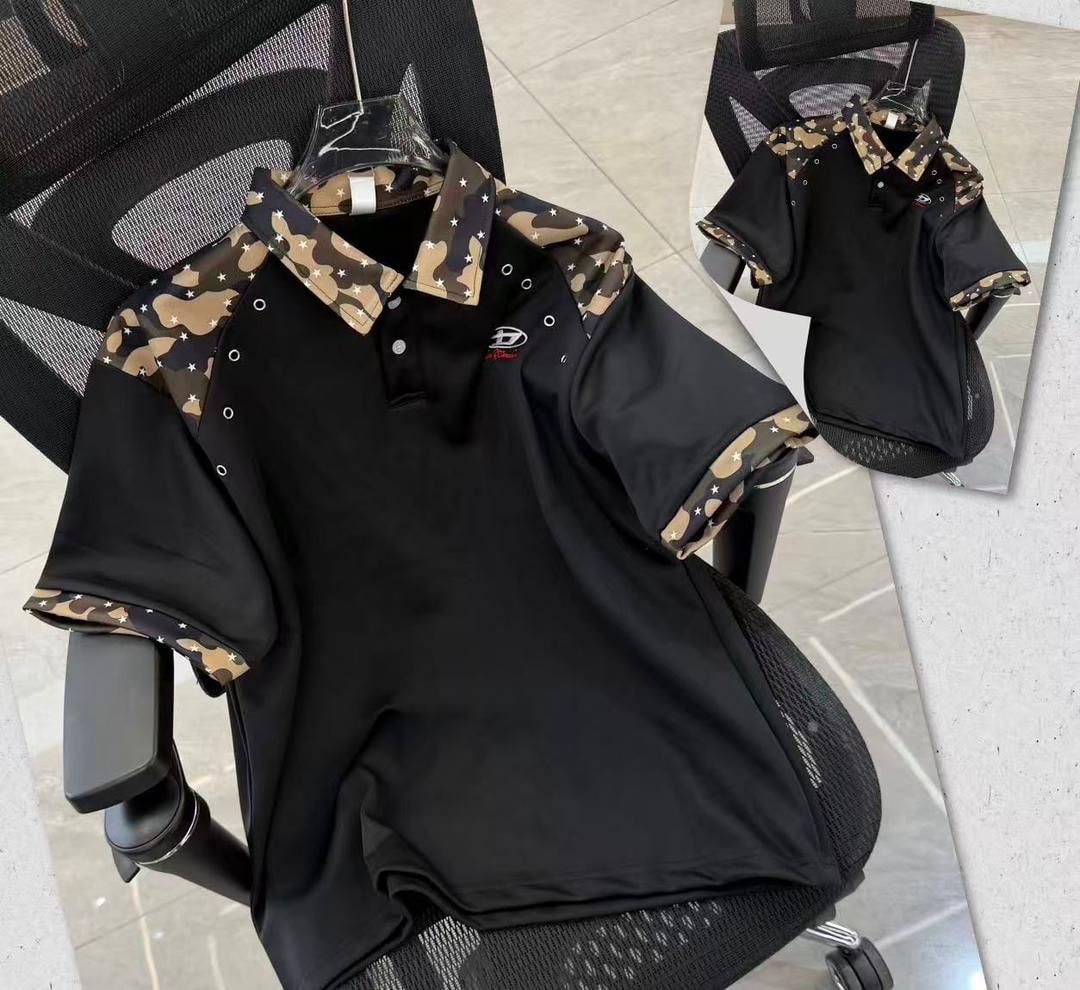 Black polo shirt with camouflage collar, shoulders and star prints with metal eyelets.
