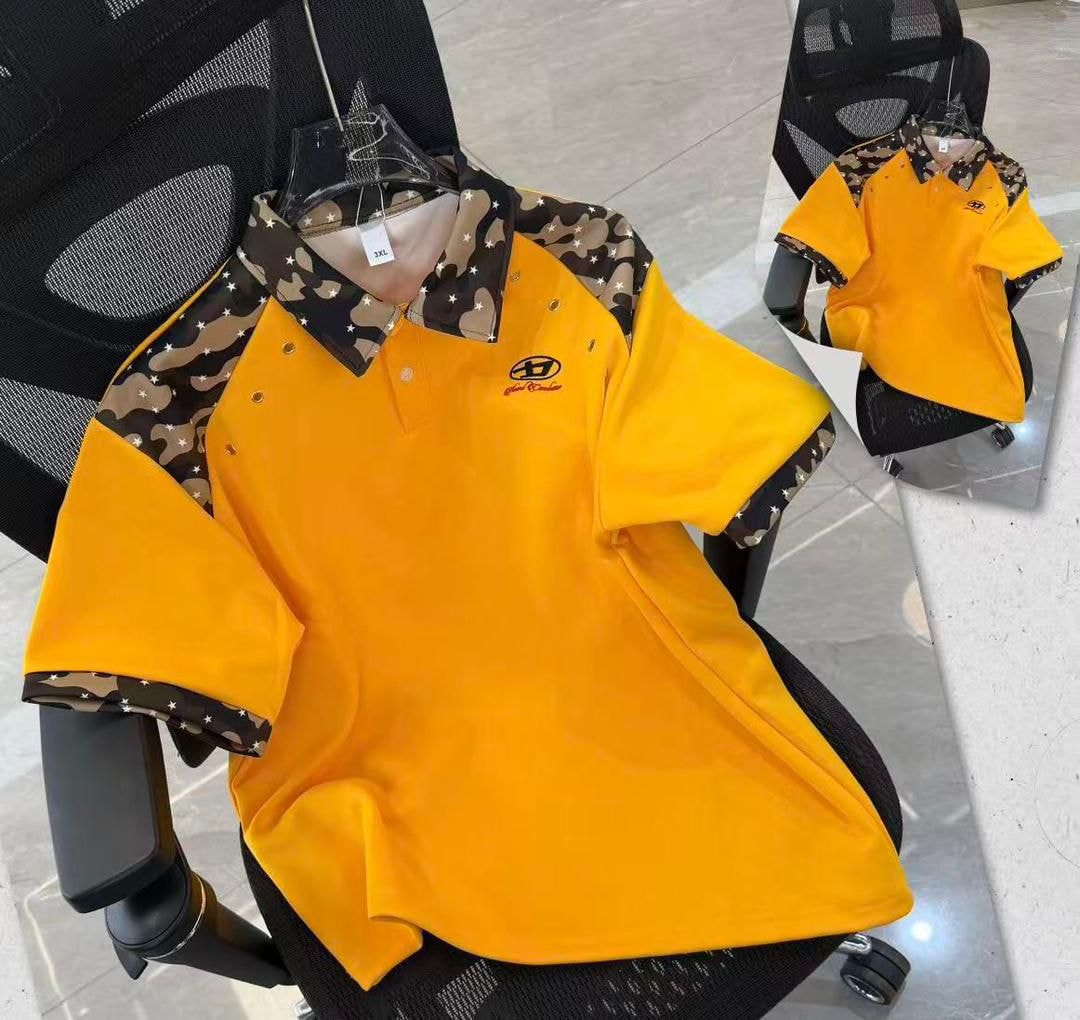 Yellow polo shirt with camouflage collar, shoulders and star prints with metal eyelets.