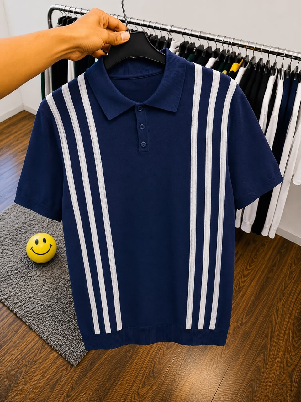 Navy blue polo shirt with white vertical stripes on hanger.