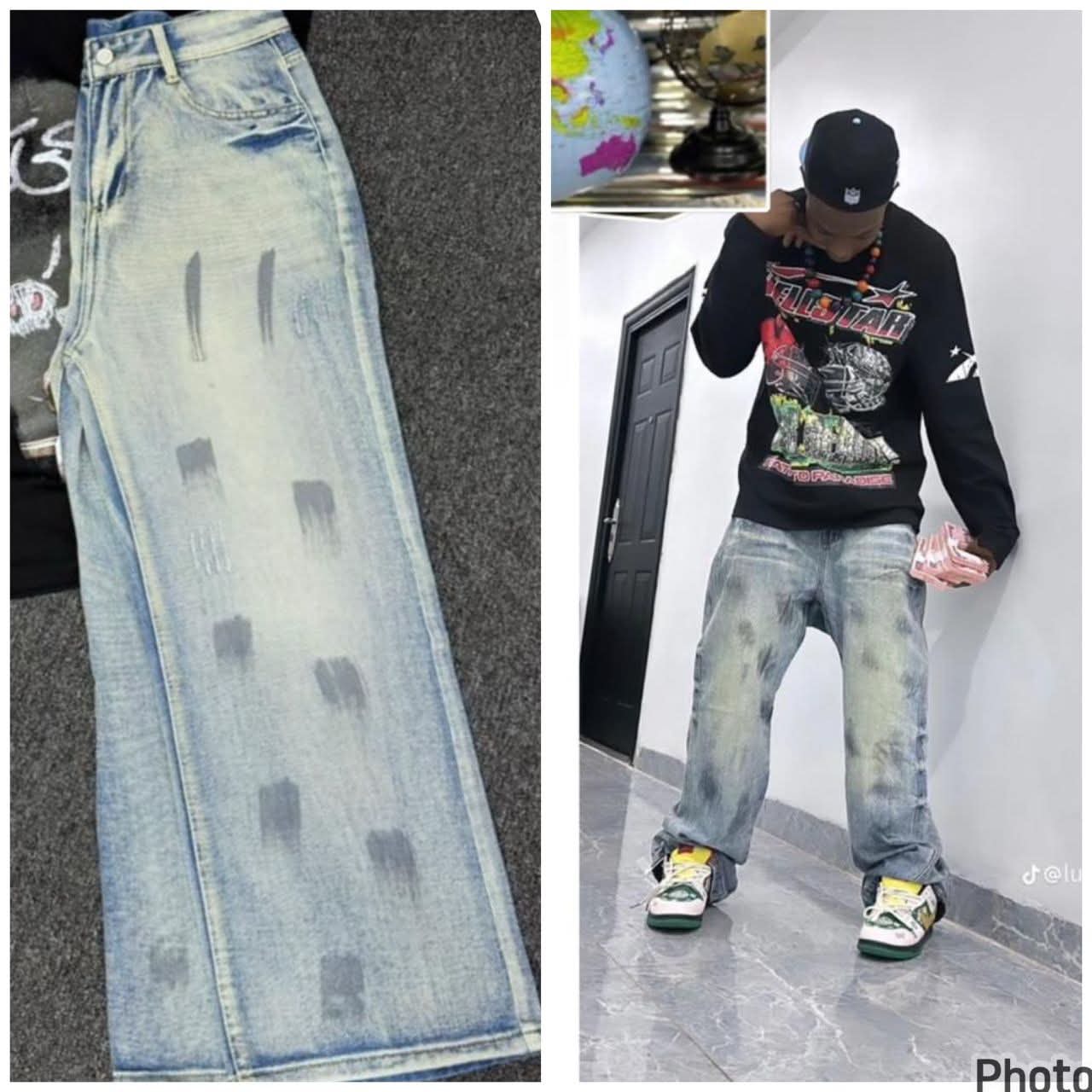 Light blue distressed jeans flat view and model wearing acid wash pair with graphic top.