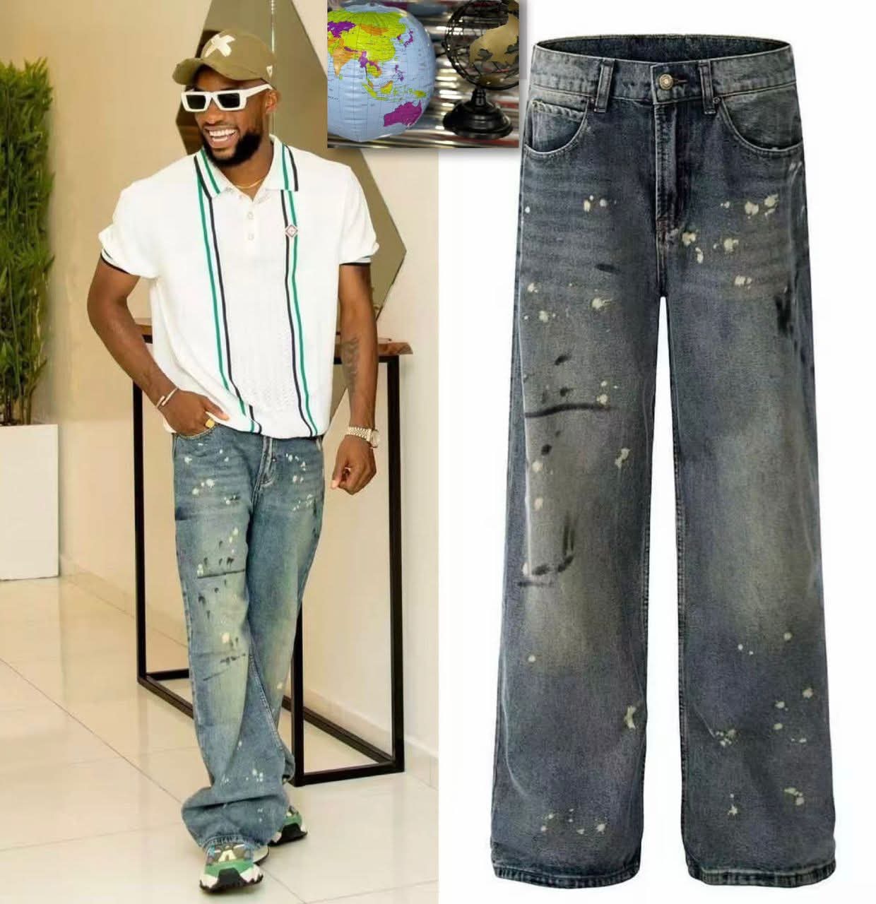 Collage of painted baggy jeans on model in store setting and close-up of dark splatter pair.