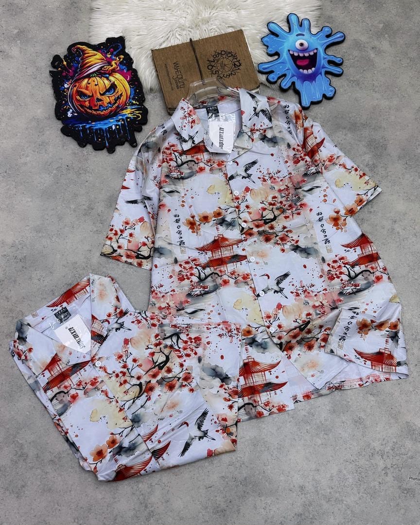White short sleeve shirt with red cherry blossom pagoda and crane Japanese print.