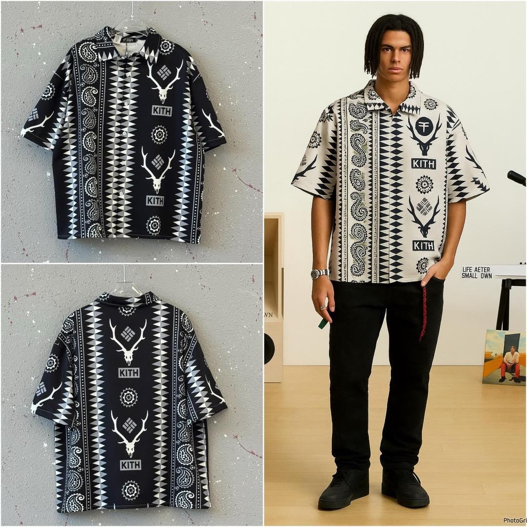 Black KITH patterned short sleeve shirt shown in flat lay and on model.